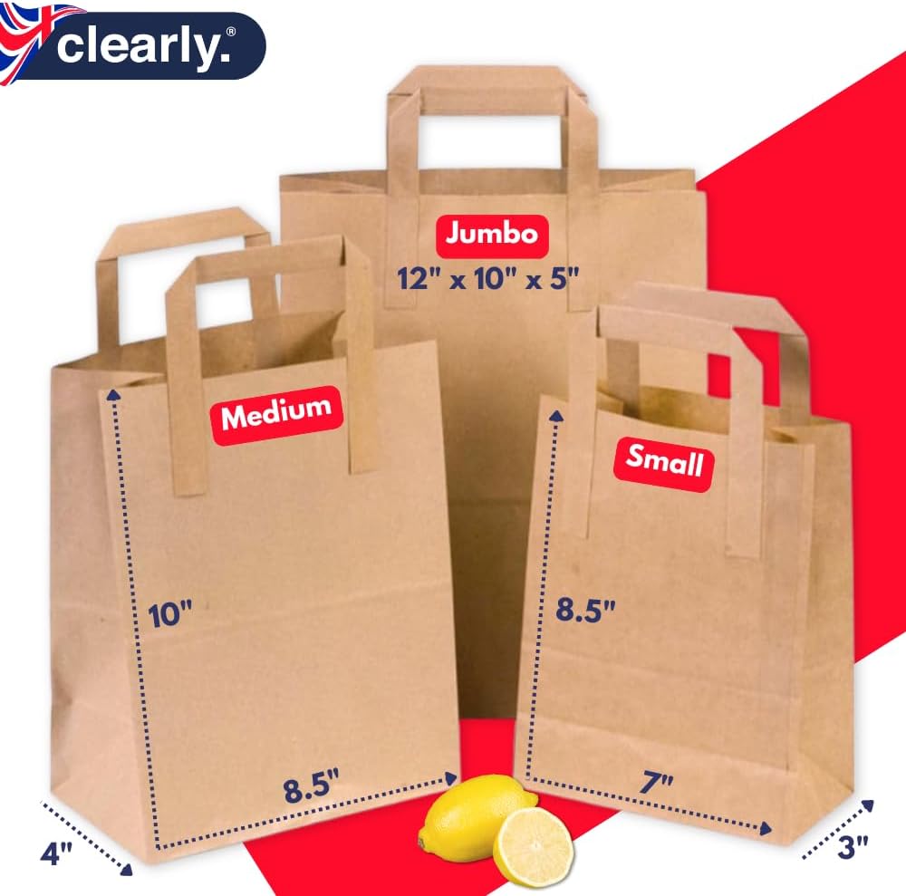 Dura Kraft Brown Kraft Paper Bags with Handles | SMALL | 70 GSM -Thickness | SOS Takeaway